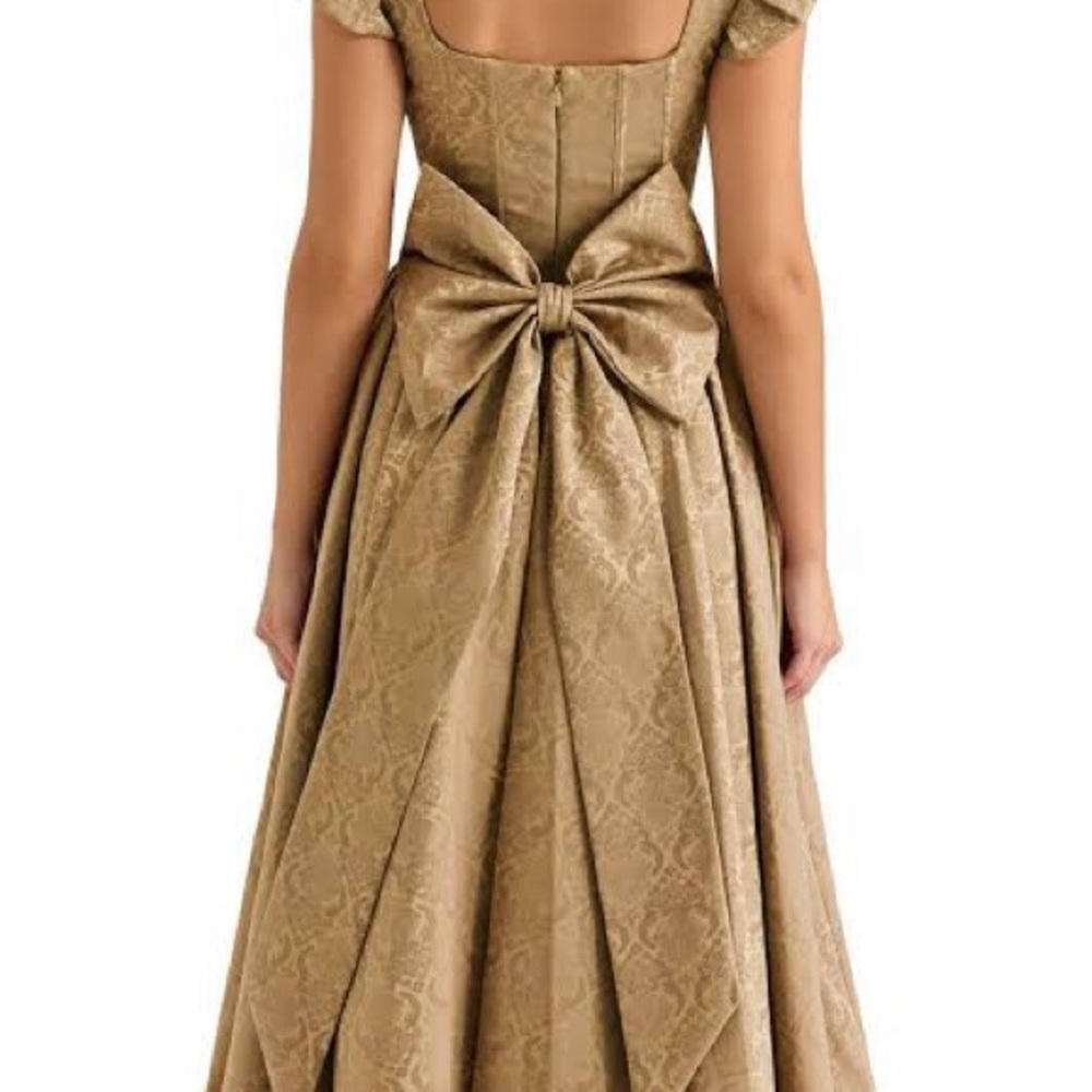 House of CB Brown Midi Dress Ruffle Sleeves xs Alessandra corset jacquard gold - Picture 6 of 12